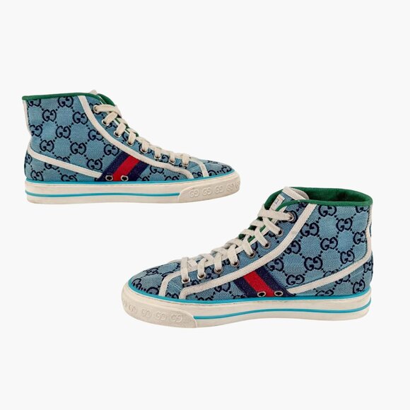 Gucci 1977 Tennis Blue GG Canvas High Top Sneakers Shoes Size 37 US 7 Women’s - Picture 10 of 14